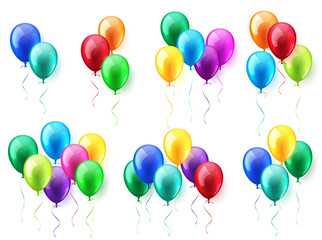 Isolated Realistic Colorful Glossy Flying Air Balloons set. Birthday party. Ribbon.Celebration. Wedding or Anniversary.Vector Illustration.