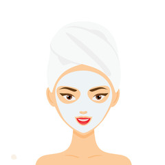 Woman with towel and cosmetic facial mask. vector illustration