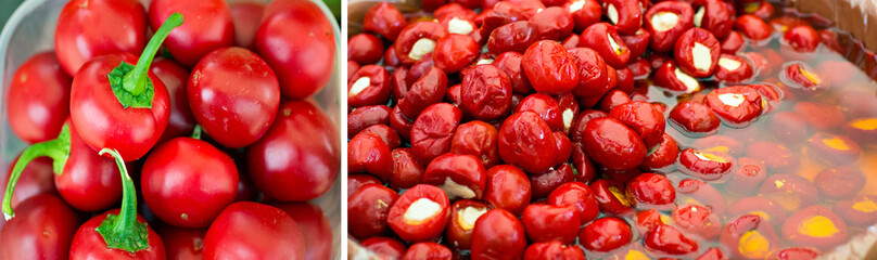 Double frame of fresh red and stuffed with cheese pickled red mini peppers. Traditional Italian food