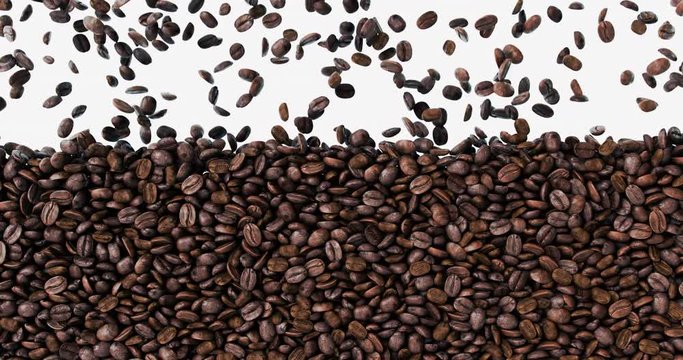 Falling  coffee beans filling the screen with white background