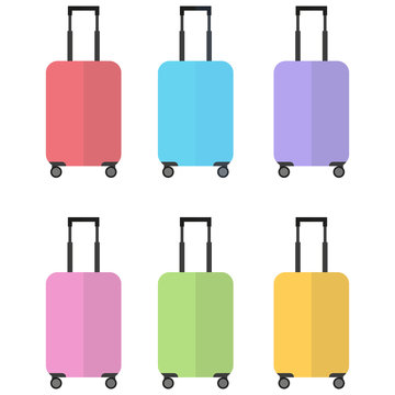 A set of multicolored suitcases on wheels. Flat design