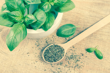 Raw green basil and dried, on the wooden table.