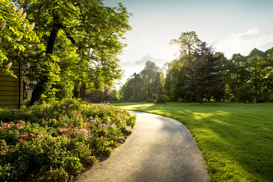 Panorama of city park with footpath and flowers