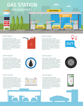 Gas filling station Vector flat illustration of oil service with shop infographics elements and background 
