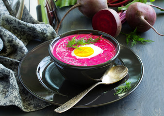 Cold soup with yogurt beets and cucumbers. okroshka.