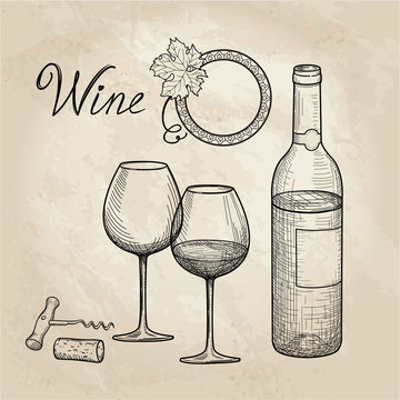 Wine set. Wine glass, bottle, grape branch, handwritten lettering