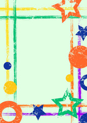 Vector drawn geometric background with geometrical figures, frame, border Grunge template with stars, circles, dots Old style vintage design. Graphic illustration with cracks, attrition a4 size format