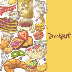 Healthy Breakfast Hand Drawn Design with Milk, Fruits and Bakery. Eco Food. Vector illustration