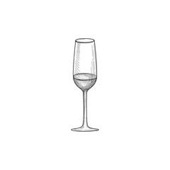 Half full wine glass isolated. Engraving of wineglass. Glass icon. Drink set