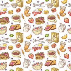 Hand Drawn Breakfast Seamless Pattern with Pancakes, Fruits and Milk. Healthy Food Background. Vector illustration