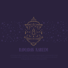 Printable minimalistic Ramadan Kareem greeting card vector illustration with arabic lantern and place for your text on dark background