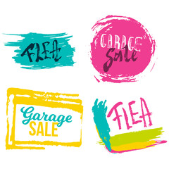 Garage Sale lettering banners set with colorful stains. Flea market advertising modern illustration