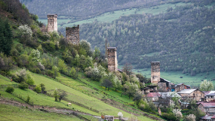 Fototapeta na wymiar Svan watching towers in northwest Georgia (Svaneti), in the Caucasus Mountains. Traditional defenses in Georgia.