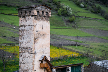 Fototapeta na wymiar Svan tower in northwest Georgia (Svaneti), in the Caucasus Mountains. Traditional defenses in Georgia.