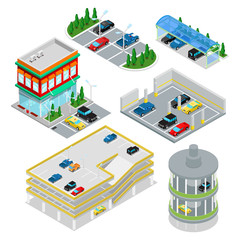 Isometric Car Parking Set. City Transportation. Underground Parking Area. Vector flat 3d illustration - obrazy, fototapety, plakaty