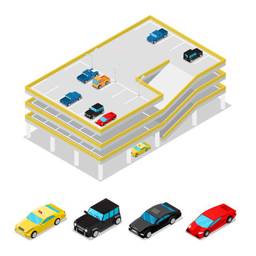 Isometric Car Parking. City Transportation. Multilevel Parking Area. Vector flat 3d illustration