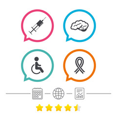 Medicine icons. Syringe, disabled, brain.