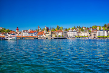 Fototapeta na wymiar Harbor in Lucerne city with the view of Lucerne lake and promenade.