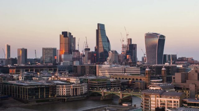 Business Buildings and Thames River, London, Uk, Time Lapse, 4k
