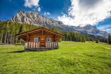 Wooden Swiss chalet in Swiss Alps near Kandersteg and Oeschinnensee, Canton Bern, Switzerland,...