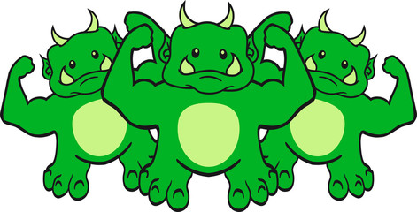 team posen 3 freunde stark muskeln trainieren beast bodybuilder fitness sexy süß niedlich oger ork troll komisch lustig monster klein frech böse horror comic cartoon