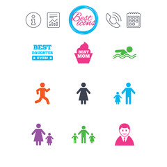 People, family icons. Swimming, person signs.