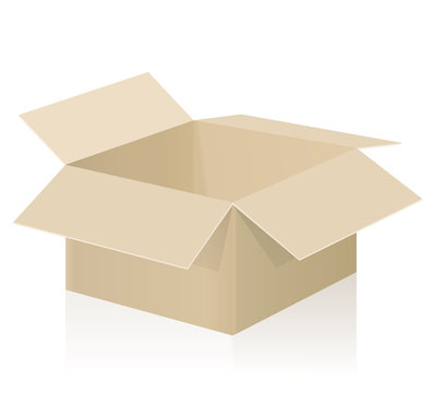 Open cardboard box - empty brown carton package with opened top - three-dimensional isolated vector illustration on white background.