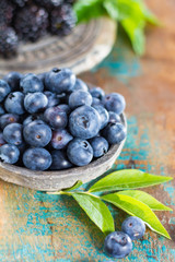 Fresh summer wild blueberries and brambleberry, blackberry in stone bowls
