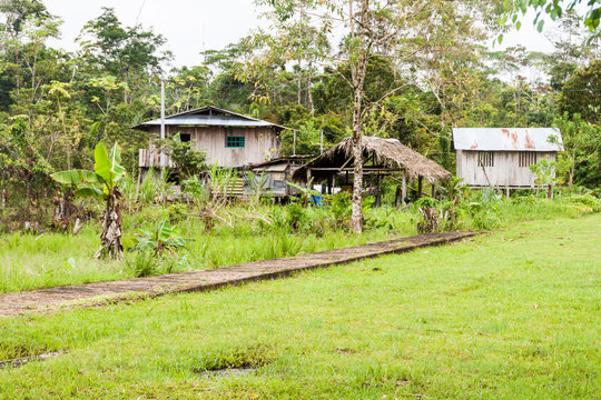 Small houses in Nuevo Rocafuerte village, Ecuador