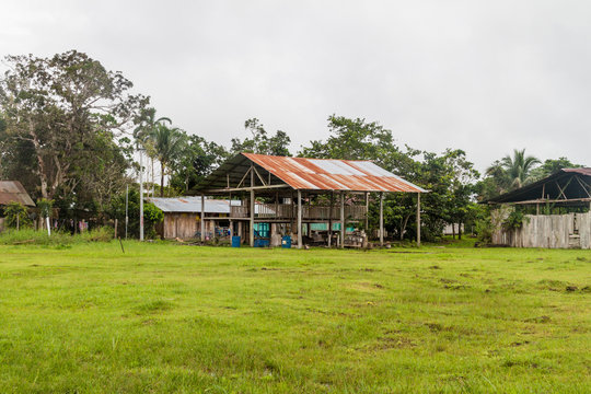 Small houses in Nuevo Rocafuerte village, Ecuador
