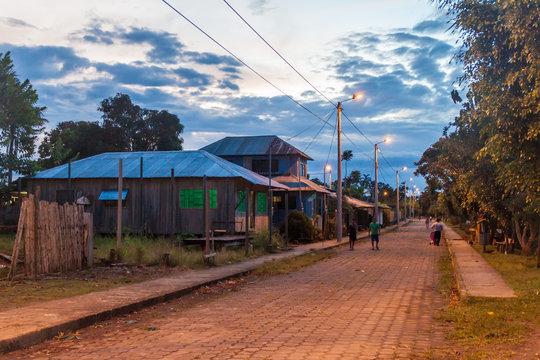 NUEVO ROCAFUERTE, ECUADOR - JULY 8, 2015: Main street in Nuevo Rocafuerte village, Ecuador