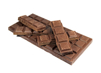 Chocolate Bar Pieces Piled Up on Another Whole Chocolate Bar Isolated on White Background 