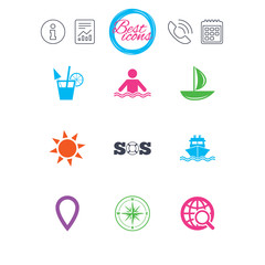 Cruise trip, ship and yacht icons. Travel signs.