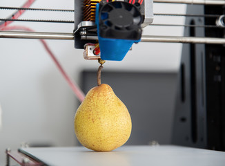 One ripe juicy pear.3d printer working of the device during the processes