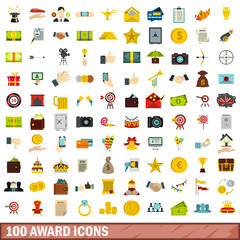 100 award icons set, flat style