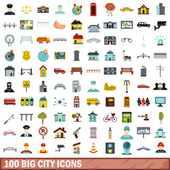 Fototapeta premium 100 big city icons set, flat style