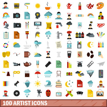 100 artist icons set, flat style