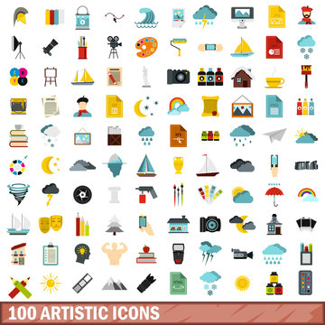 100 artistic icons set, flat style