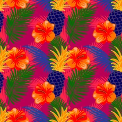 Fotobehang Seamless pattern with tropical fruits, flowers and palm leaves. Tropic background with neon colors © LilaloveDesign