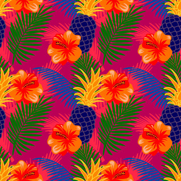 Seamless pattern with tropical fruits, flowers and palm leaves. Tropic background with neon colors
