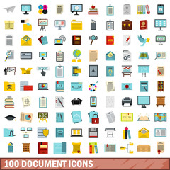 100 document icons set, flat style