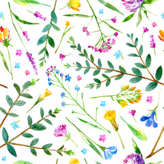 Floral seamless pattern of a wild flowers and eucalyptus on a white background.Buttercup,cornflower,clover,bluebell,forget-me-not,vetch,grass,snowdrop flowers. Watercolor hand drawn illustration.