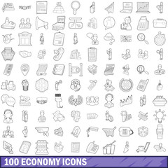 100 economy icons set, outline style