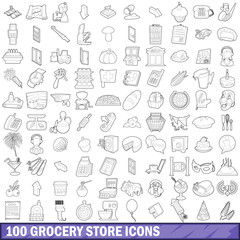 100 grocery store icons set, outline style