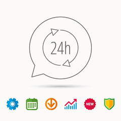 24 hours icon. Customer service sign. Client support symbol. Calendar, Graph chart and Cogwheel signs. Download and Shield web icons. Vector