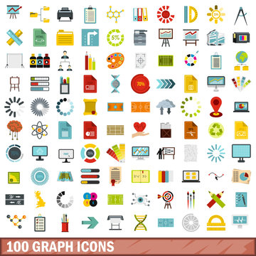 100 graph icons set, flat style