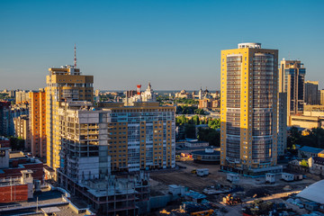 Aerial day view to Voronezh modern skyscrapers