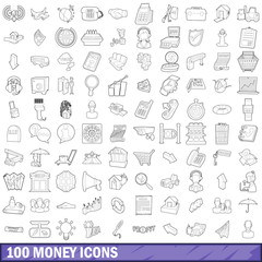 100 money icons set, outline style
