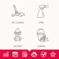 Car wash icons. Automatic cleaning station linear signs. Bucket with foam bubbles, spray flat line icons. Edit document, Calendar and Graph chart signs. Star, Check and House web icons. Vector