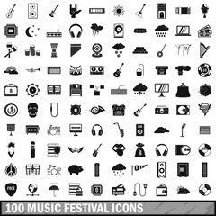 100 music festival icons set, simple style 